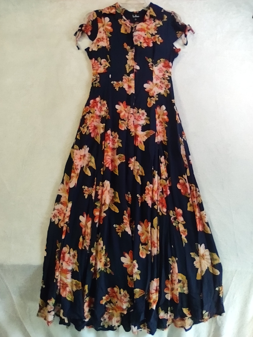 Lulu's Navy Floral Maxi Dress with Coral and Yellow Blooms